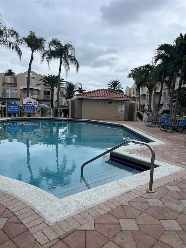 view of swimming pool featuring a patio area