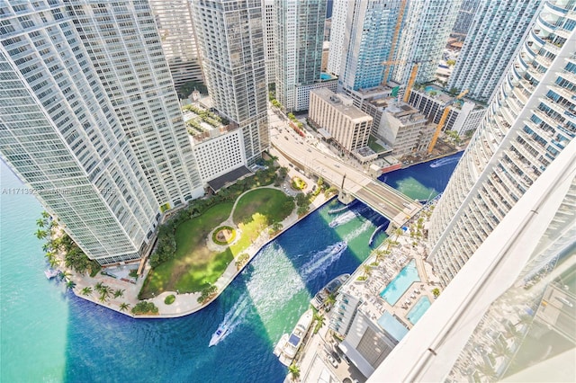 drone / aerial view featuring a water view