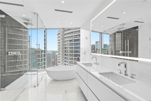 bathroom featuring vanity, separate shower and tub, and a healthy amount of sunlight