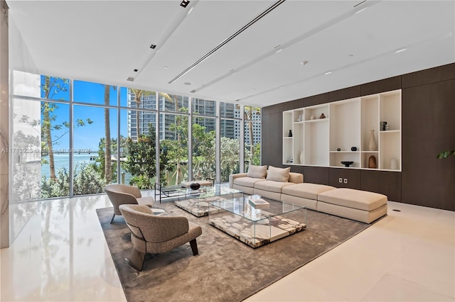 living room with a wall of windows