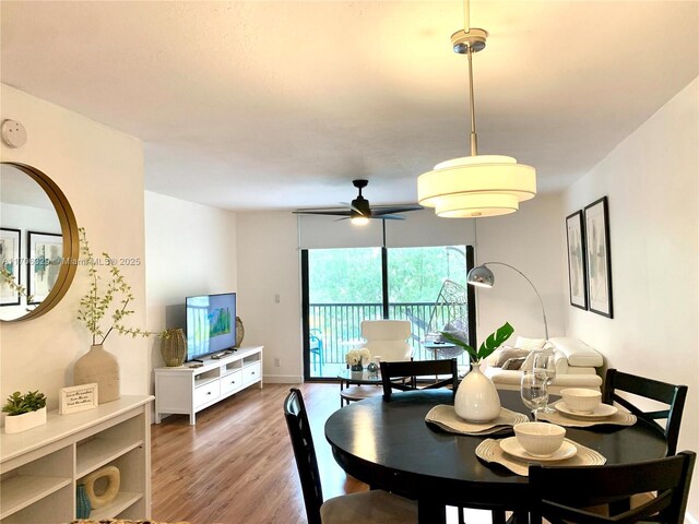 living room with wood finished floors, a ceiling fan, and baseboards