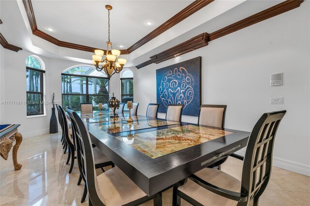 13431 Old Sheridan St, Southwest Ranches, FL 33330 - dining area with ornamental molding, a tray ceiling, a chandelier, and recessed lighting