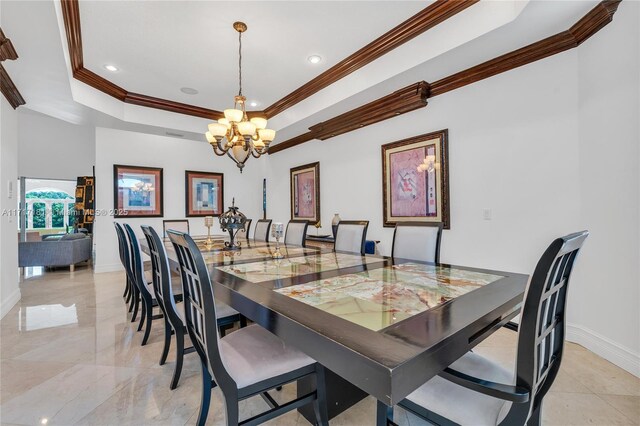 13431 Old Sheridan St, Southwest Ranches, FL 33330 - dining space with ornamental molding, a chandelier, a raised ceiling, and recessed lighting