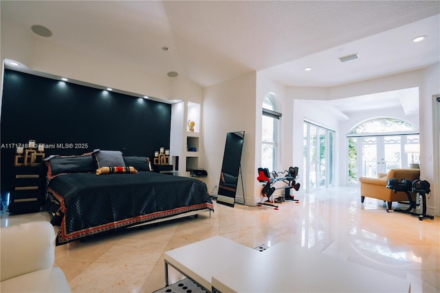 bedroom with recessed lighting, french doors, and visible vents