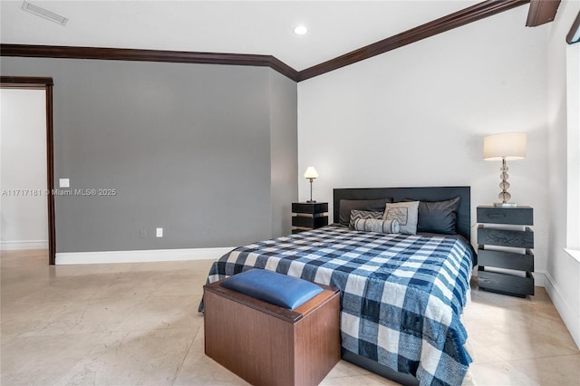 bedroom with recessed lighting, visible vents, crown molding, and baseboards