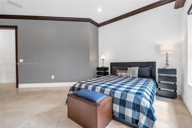 bedroom featuring ornamental molding, recessed lighting, visible vents, and baseboards