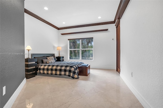 bedroom with crown molding, a textured wall, recessed lighting, and baseboards