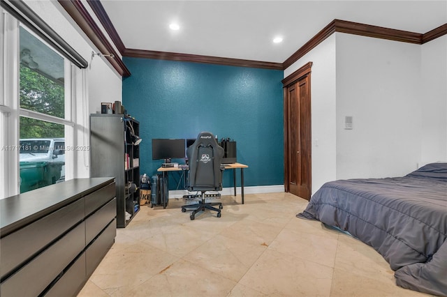 bedroom featuring a textured wall, baseboards, ornamental molding, and recessed lighting