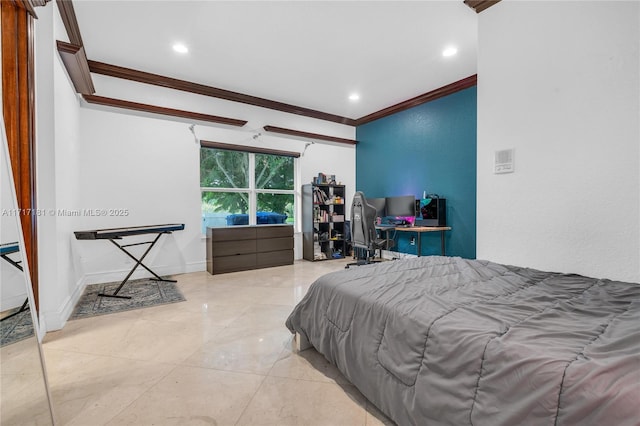 bedroom with ornamental molding, recessed lighting, and baseboards