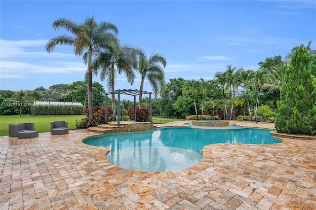 view of pool with a lawn, a pergola, a patio, and a pool with connected hot tub