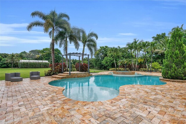 13431 Old Sheridan St, Southwest Ranches, FL 33330 - view of pool featuring a pergola, a patio area, a lawn, and a pool with connected hot tub