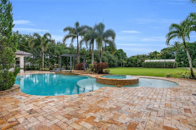 view of pool with a patio area, a pool with connected hot tub, a lawn, and a pergola