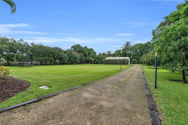 view of community featuring fence and a lawn