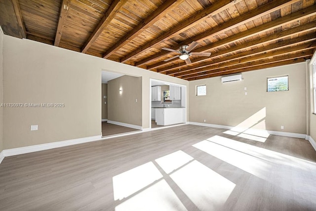 unfurnished living room featuring a wall mounted air conditioner, ceiling fan, beam ceiling, wooden ceiling, and hardwood / wood-style floors