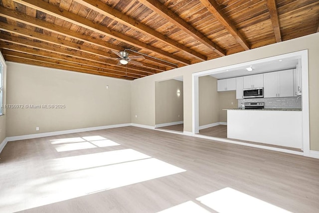 unfurnished living room with beam ceiling, light hardwood / wood-style floors, ceiling fan, and wood ceiling