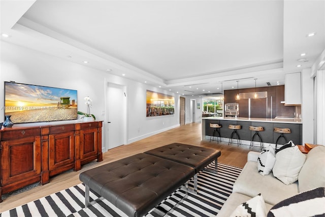 living room featuring light hardwood / wood-style floors and a tray ceiling