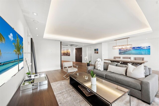 living room with a raised ceiling and wood-type flooring