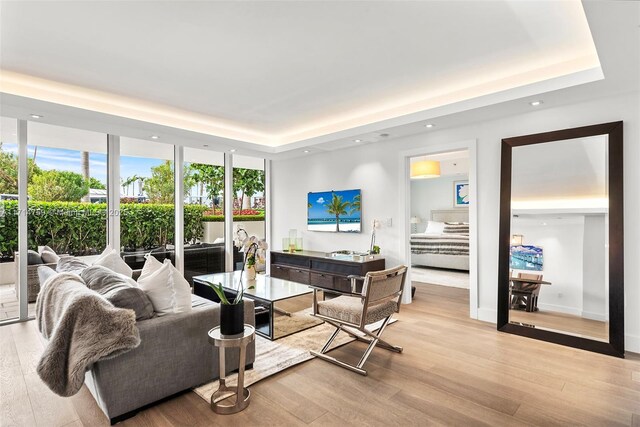 living room with a tray ceiling and light hardwood / wood-style flooring