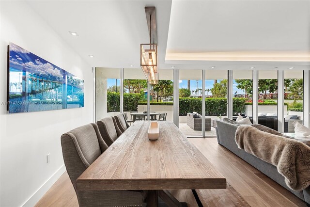 dining room with floor to ceiling windows, light wood-type flooring, and a wealth of natural light