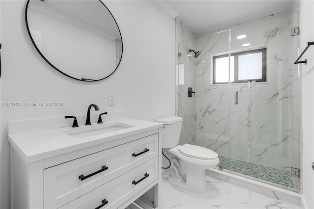 bathroom featuring vanity, toilet, walk in shower, and crown molding