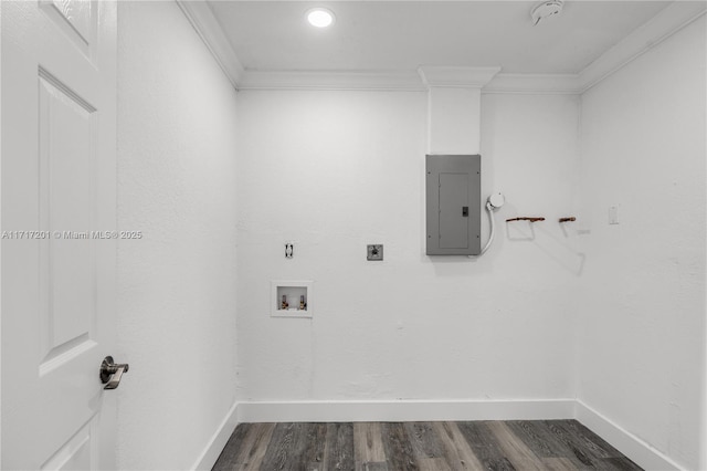 laundry room with electric panel, crown molding, hookup for a washing machine, and dark wood-type flooring