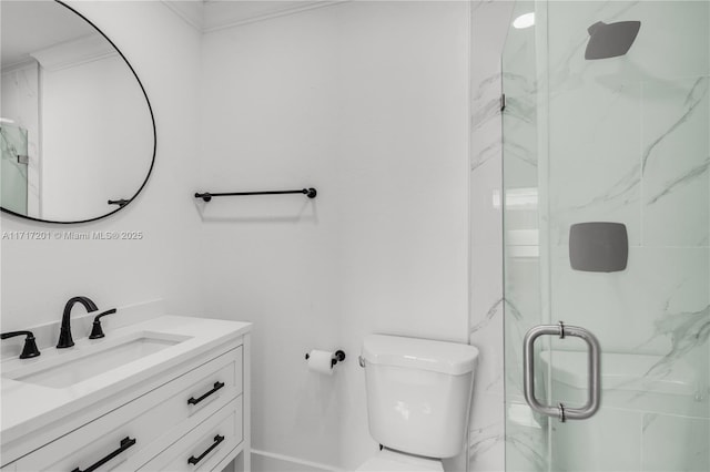 bathroom featuring vanity, toilet, and walk in shower