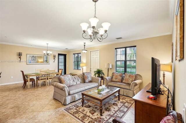 living room featuring a notable chandelier, light tile patterned flooring, and crown molding