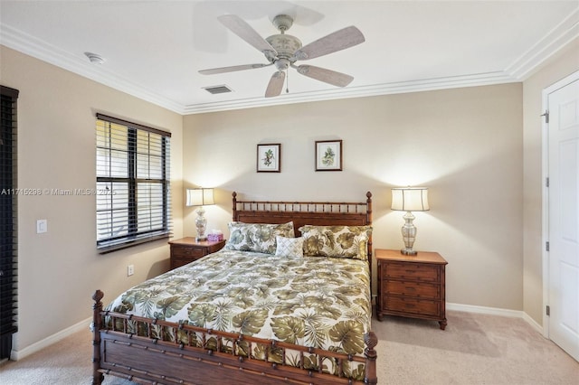 bedroom with light carpet, ceiling fan, and ornamental molding