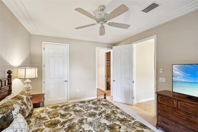 bedroom featuring light carpet and ceiling fan