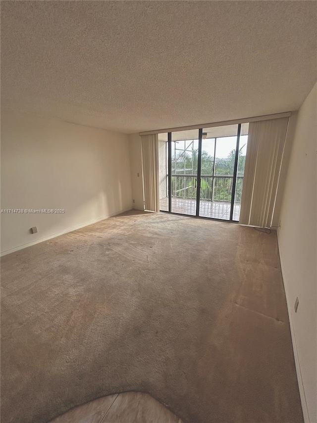 carpeted spare room with a wall of windows and a textured ceiling