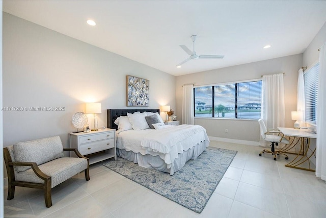 tiled bedroom with ceiling fan