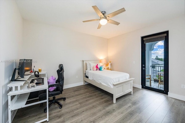 bedroom with access to outside, ceiling fan, and hardwood / wood-style floors