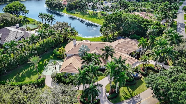 aerial view featuring a water view