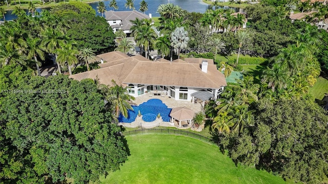 birds eye view of property featuring a water view