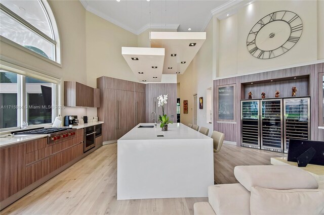 kitchen with a breakfast bar, a towering ceiling, light hardwood / wood-style flooring, and a spacious island