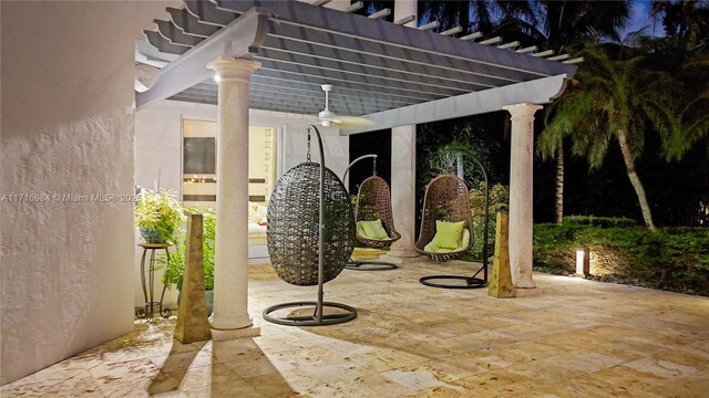 pool at dusk featuring a patio