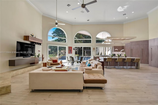 living room featuring light wood-type flooring, ornamental molding, and a high ceiling