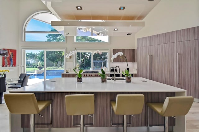 kitchen featuring a kitchen bar, a large island with sink, and a high ceiling