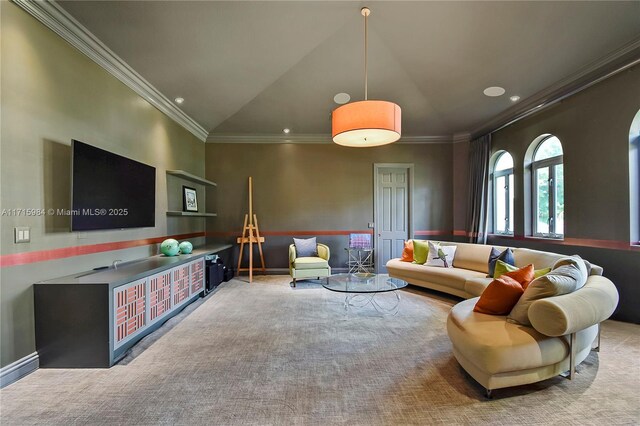 carpeted living room with vaulted ceiling and ornamental molding