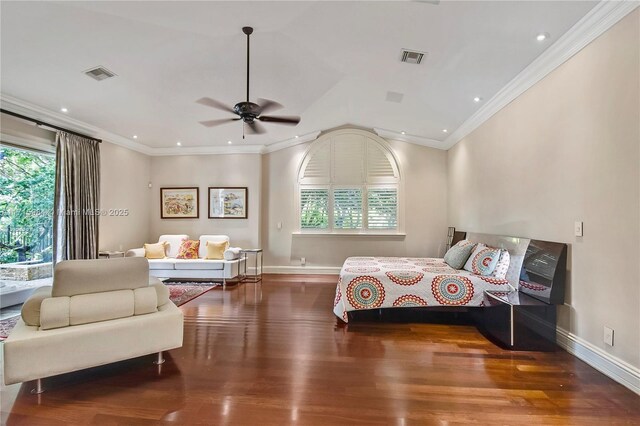 bedroom featuring multiple windows, ceiling fan, crown molding, and dark wood-type flooring