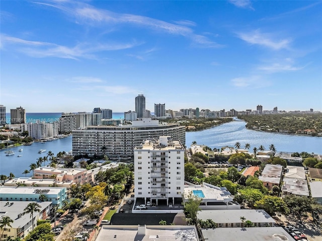 aerial view featuring a water view