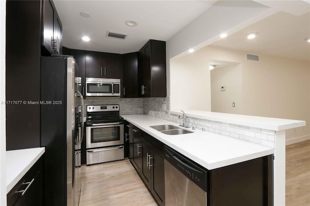 kitchen with kitchen peninsula, decorative backsplash, stainless steel appliances, sink, and light hardwood / wood-style floors