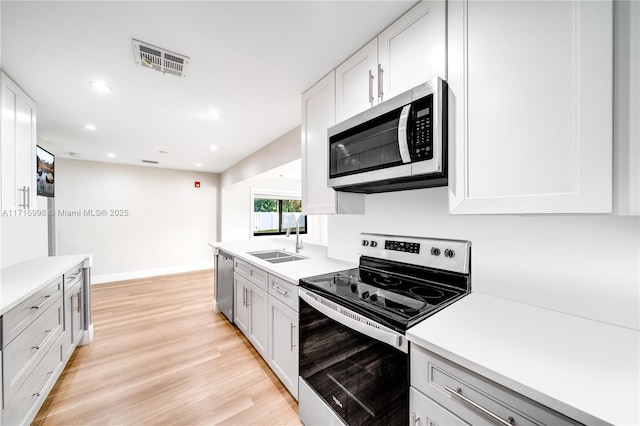 kitchen with white cabinets, sink, light wood-type flooring, and stainless steel appliances