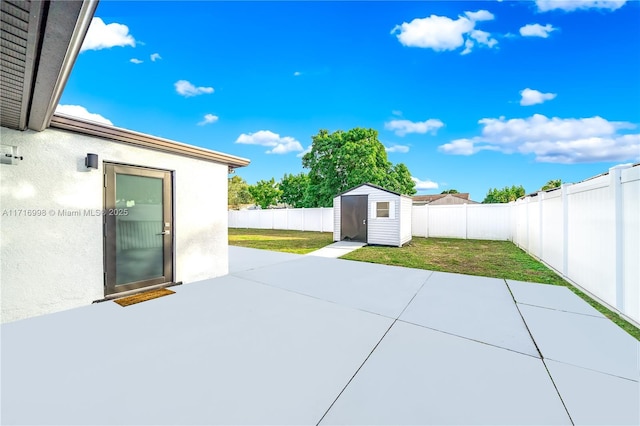 view of patio / terrace featuring a shed