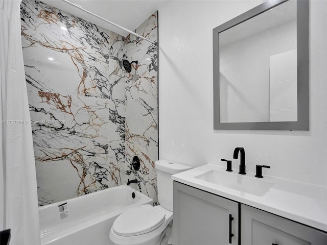 full bathroom featuring vanity, shower / bath combo, and toilet