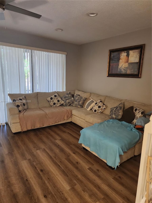 living room featuring ceiling fan and dark hardwood / wood-style flooring