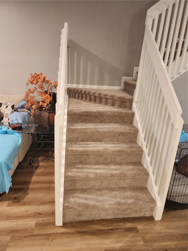 staircase with hardwood / wood-style flooring