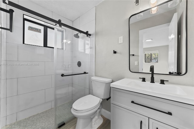 bathroom with vanity, toilet, and walk in shower