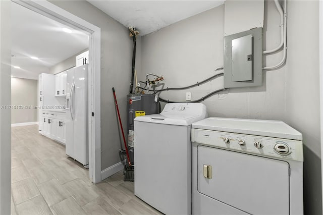 clothes washing area with electric panel, washer and clothes dryer, and water heater