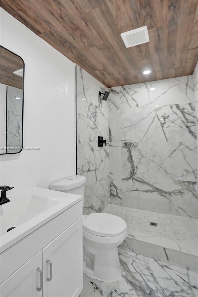 bathroom with toilet, walk in shower, wood ceiling, and vanity